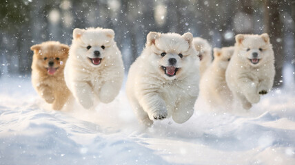 a group of cheerful dogs runs in dynamic poses through the winter fluffy snow on a frosty sunny day, fluffy pets, snowfall, Christmas snowflakes are falling