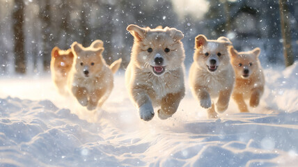 a group of cheerful dogs runs in dynamic poses through the winter fluffy snow on a frosty sunny day, fluffy pets, snowfall, Christmas snowflakes are falling