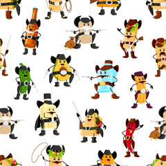 Obraz na płótnie Canvas Cartoon cowboy and sheriff tex mex characters pattern. Textile vector pattern, wallpaper or wrapping paper print with beer, tamale, burrito, enchilada, tequila and pulque cute Wild West personages