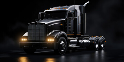 Black truck on black uniform background. Cargo and shipment concept. Generative AI - obrazy, fototapety, plakaty