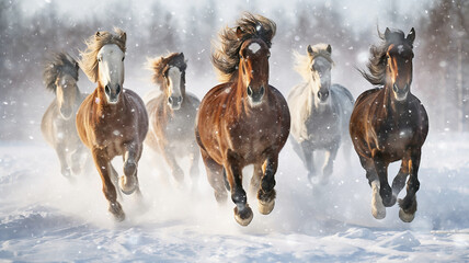 herd of horses is rapidly running in winter in active poses on fluffy snow, motion in nature