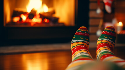 Obraz premium feet in striped knitted multicolored socks in front of a cozy fireplace on Christmas Eve, a warm winter evening at home