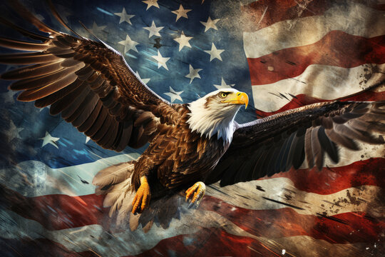 American bald eagle flying against the background of the American flag.