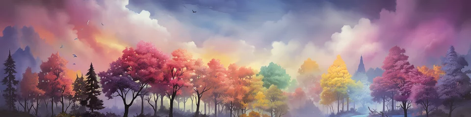 Foto op Canvas long panorama on row of colorful trees in a fantastic landscape of the forest rainbow spectrum autumn © kichigin19