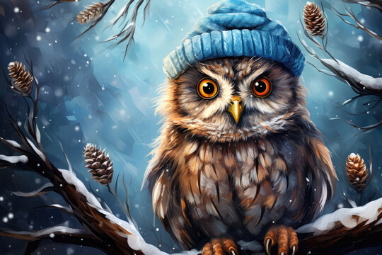 Owl in a hat, a symbol of wisdom and intelligence in watercolor style