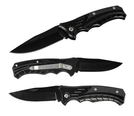 Black tactical knife on white background, isolate.