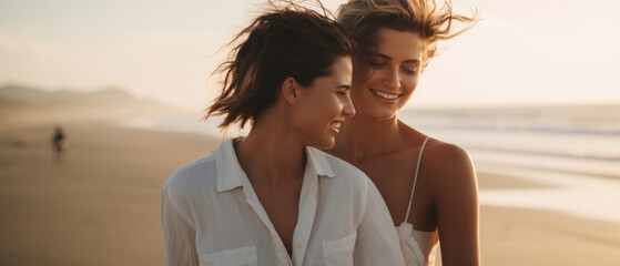 Beautiful women friends having fun on the beach at sunset. They are looking at each other and smiling.