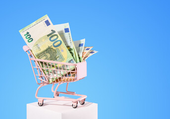 Money in the shopping cart. The idea of shopping and spending money. Copy space for text.