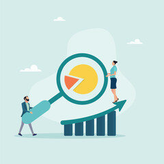 People working together on a project. A team of analysts analyzes reports, graphs, charts and other business data. Vector illustration.
