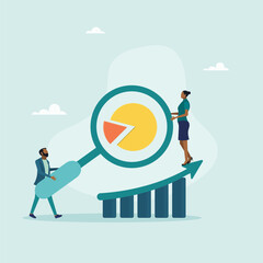 People working together on a project. A team of analysts analyzes reports, graphs, charts and other business data. Vector illustration.
