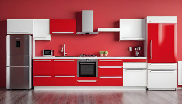 Red kitchen interior with cabinets and fridge