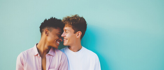 Portrait of a young multiethnic couple on a blue background.