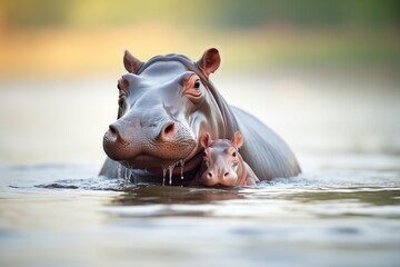 mother hippo with calf in river