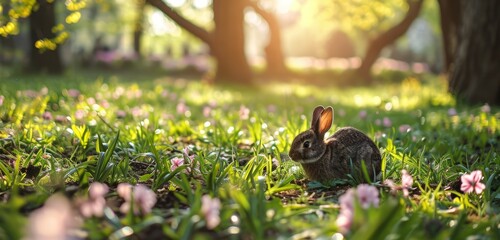 A small brown rabbit with alert ears sitting quietly in the green grass, in the wild. - Powered by Adobe