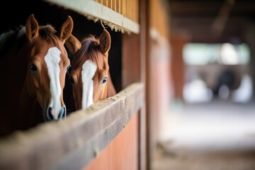 mare and foal peeking side by side in barn - obrazy, fototapety, plakaty