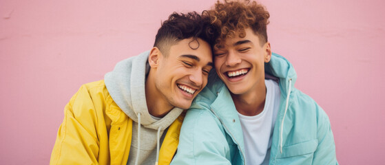Young multiethnic friends smiling and hugging each other on pink background.