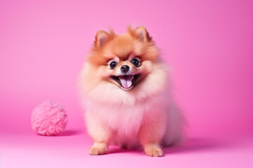 Cute Pomeranian dog with pink ball on pink background.