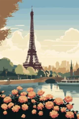 Poster A vintage retro style travel poster for Paris, France with the famous Eiffel tower and River Seine © ink drop