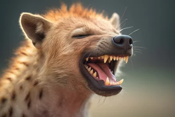 Foto auf Acrylglas close-up of hyenas face mid-laugh © studioworkstock