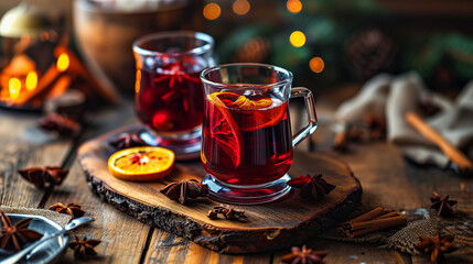 Mulled wine in beautiful glasses, fruits, oranges, cinnamon, a festive and cozy atmosphere. Photorealistic, background with bokeh effect. 