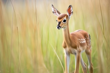 impala calf taking its first steps amongst tall grass - obrazy, fototapety, plakaty