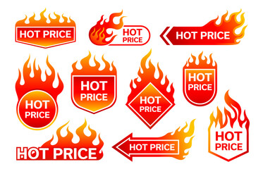Hot price promotion labels with fire flames for sale offer, vector badges. Discount promo or special deal for hot price, shop labels and stickers with red yellow burning fire flames for store signs - obrazy, fototapety, plakaty