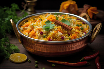 A delicious serving of biryani, garnished with herbs and spices, presented in an ornate copper pot amidst a rustic setting.