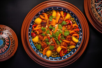 A vibrant image showcasing a traditional Moroccan chicken tagine, garnished with colorful vegetables, peas, and almonds, served in an ornate dish.
