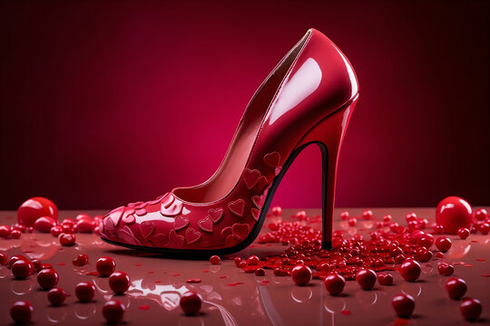 Women's heeled shoe with heart-shaped decoration. Valentine's Day concept with a dark red background.