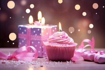 Candles flicker on cupcake, wrapped present in pink, happy birthday ambiance. Generative AI