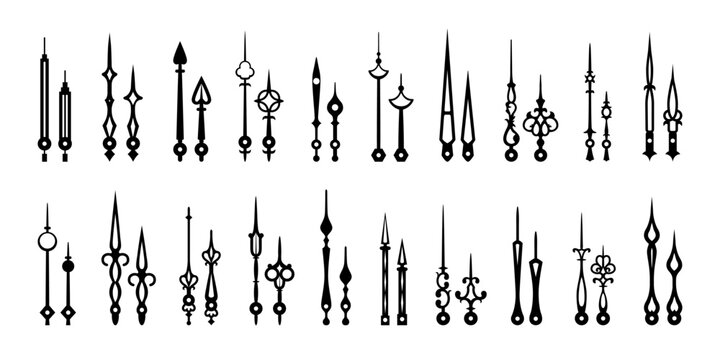 Clock hands, isolated watch arrows and time pointers. Old vintage hour, minute and second hands vector silhouettes with antique decorations and metal ornaments. Classic clock hands, clockworks themes