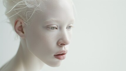 Closed-eyed albino beauty captured in a minimalist white environment.