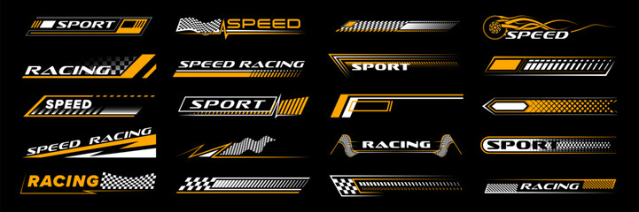 Yellow racing sport car stickers and race line decals, vector stripe arrows. Auto art decals with car wheels, start or finish checkered flag backgrounds for rally ride, drag racing and drift sport - obrazy, fototapety, plakaty