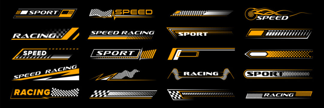 Yellow racing sport car stickers and race line decals, vector stripe arrows. Auto art decals with car wheels, start or finish checkered flag backgrounds for rally ride, drag racing and drift sport