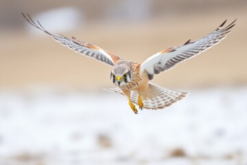 Obraz premium kestrel caught in hover with beak open mid-call