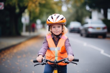 Naklejka premium child on bicycle wearing a bright orange safety vest