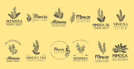 Mimosa flower minimal emblem, natural skin care cosmetics and extract embrace beauty of nature. Vector labels for cosmetic brand symbolize purity and grace through simple yet elegant blooms and fonts