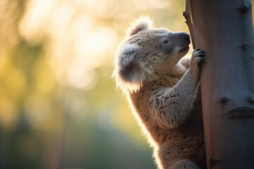profile of a koala clinging to a tree during sunrise