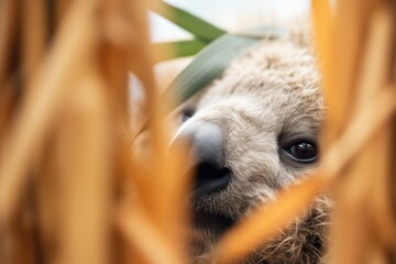 Fototapeta premium fluffy koala ear poking out from eucalyptus leaves