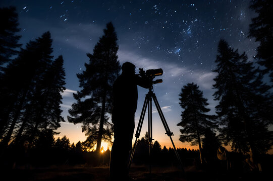 Silhouette of photographer with camera and tripod shooting starry sky at night.