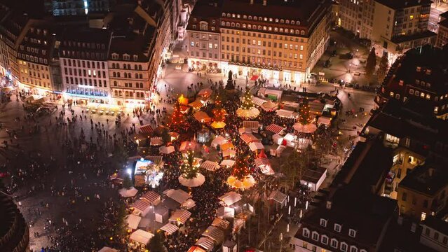 Droneshot of Dresden Neumarkt from the top at night evening hours