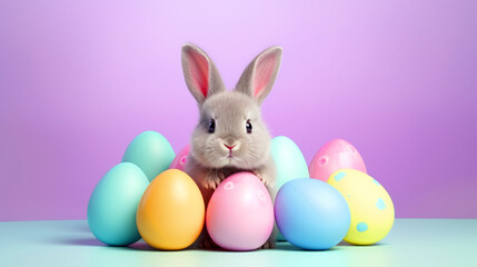 Cute Easter bunny sitting with easter eggs on isolated background - ai generative