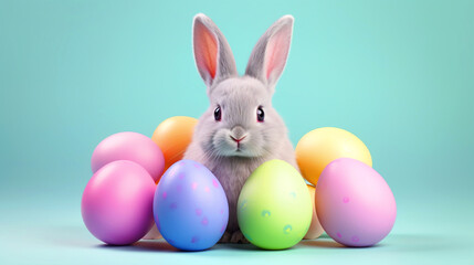 Fototapeta na wymiar Cute Easter bunny sitting with easter eggs on isolated background - ai generative