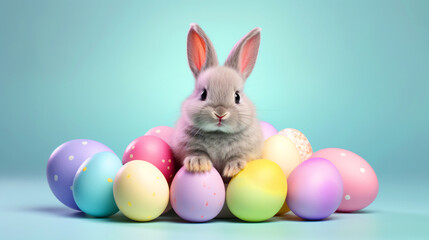 Naklejka na ściany i meble Cute Easter bunny sitting with easter eggs on isolated background - ai generative