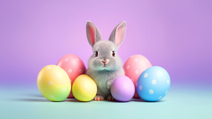 Fototapeta premium Cute Easter bunny sitting with easter eggs on isolated background - ai generative