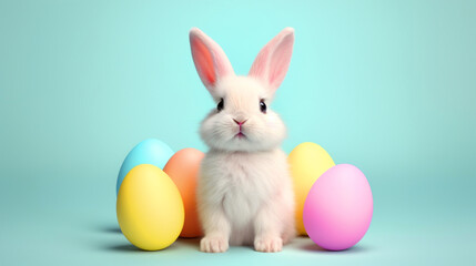 Obraz premium Cute Easter bunny sitting with easter eggs on isolated background - ai generative
