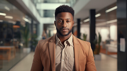 Confident Businessman in Office, portrait of a confident young businessman standing in a modern office setting, representing professionalism and ambition - obrazy, fototapety, plakaty