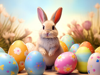 Cute Easter bunny sitting with colorful easter eggs - ai generative