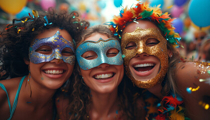 Portrait of three happy, smiling people in Carnival masks have fun in the town street festival. Day time. Festive, party celebration. Mardi Gras