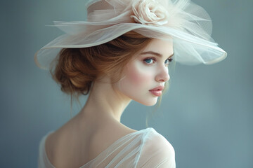 Portrait of beautiful young woman in vintage dress and hat of 19 century stylie - 705658707